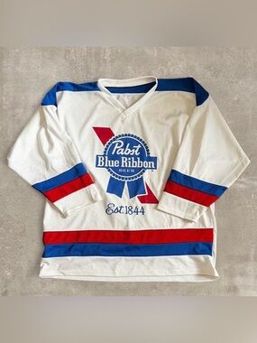 Pabst Blue Ribbon 2000 White Hockey Jersey with Blue & Red Accents